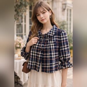 JL Boutique Tweed Plaid Jacket Women’s Size 2 Cropped Ruffle Sleeve